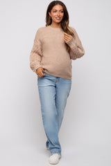 Camel Braided Sleeve Maternity Sweater