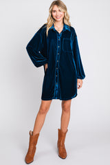 Teal Velour Button Up Long Sleeve Dress