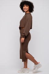 Brown Knit Long Sleeve Crop Top Midi Skirt Set