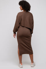 Brown Knit Long Sleeve Crop Top Midi Skirt Set