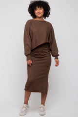 Brown Knit Long Sleeve Crop Top Midi Skirt Set