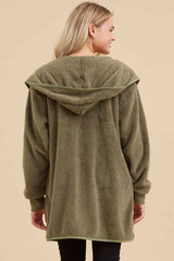 Olive Fuzzy Knit Hooded Jacket