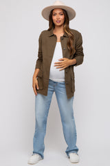 Olive Front Pocket Collared Maternity Jacket