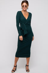 Forest Green Ribbed Long Sleeve Wrap Dress