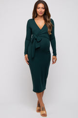 Forest Green Ribbed Long Sleeve Maternity Wrap Dress