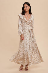 Cream Floral Ruffle V-Neck Wrap Front Maternity Maxi Dress