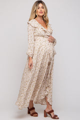 Cream Floral Ruffle V-Neck Wrap Front Maternity Maxi Dress