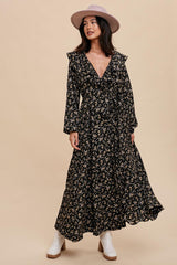 Black Floral Ruffle V-Neck Wrap Front Maxi Dress