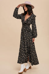 Black Floral Ruffle V-Neck Wrap Front Maxi Dress