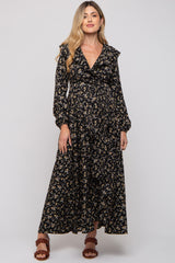 Black Floral Ruffle V-Neck Wrap Front Maternity Maxi Dress