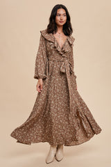 Mocha Floral Ruffle V-Neck Wrap Front Maxi Dress