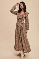 Mocha Floral Ruffle V-Neck Wrap Front Maternity Maxi Dress