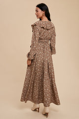 Mocha Floral Ruffle V-Neck Wrap Front Maxi Dress