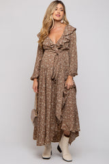 Mocha Floral Ruffle V-Neck Wrap Front Maternity Maxi Dress