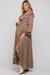 Mocha Floral Ruffle V-Neck Wrap Front Maternity Maxi Dress