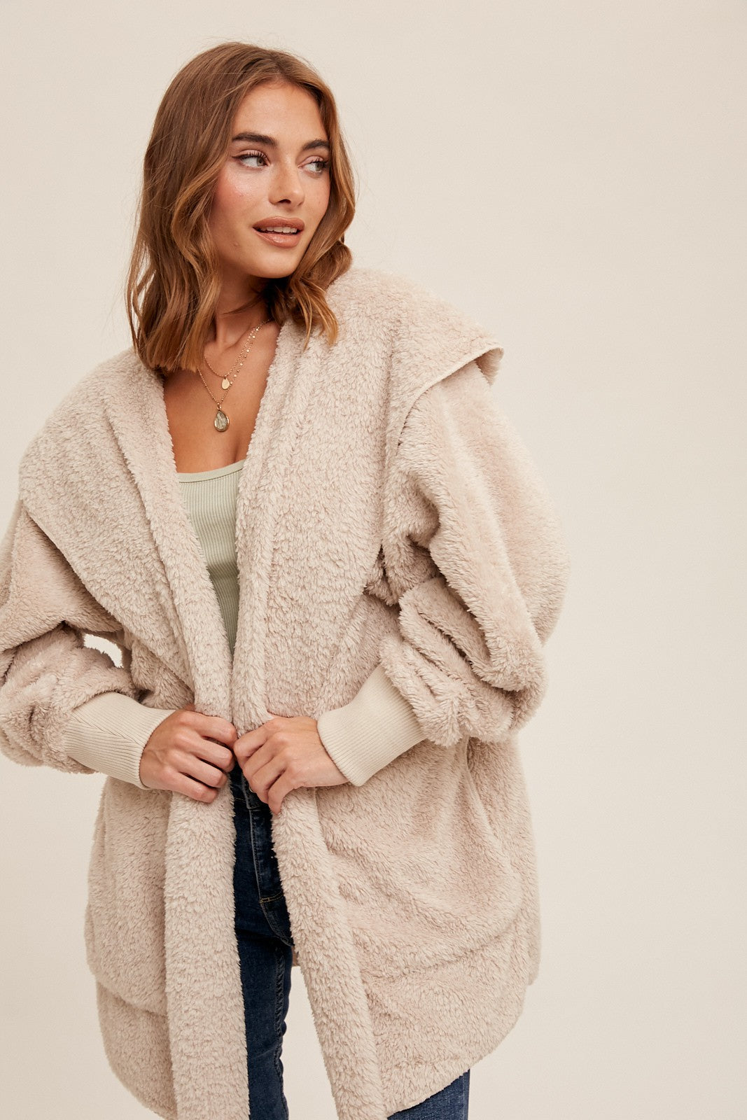 Cream Fuzzy Hooded Long Sleeve Maternity Jacket