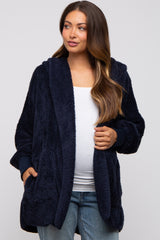 Navy Fuzzy Hooded Long Sleeve Maternity Jacket