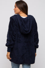 Navy Fuzzy Hooded Long Sleeve Maternity Jacket