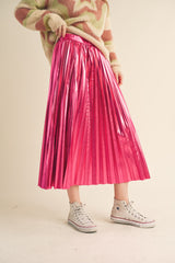 Pink Metallic Pleated Midi Skirt