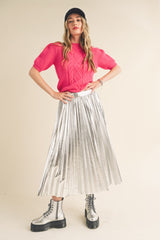 Silver Metallic Pleated Midi Skirt