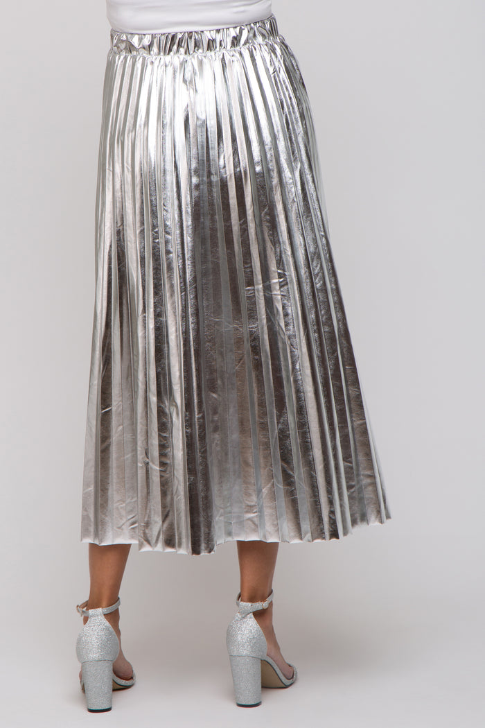 Silver Metallic Pleated Maternity Midi Skirt