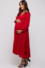 Red Textured Tiered Maternity Midi Dress