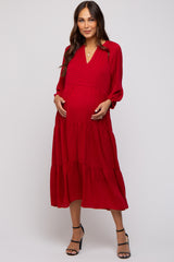 Red Textured Tiered Maternity Midi Dress