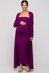 Magenta Ribbed Sleeveless Dress Cardigan Maternity Set