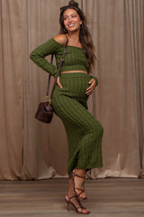 Olive Cable Knit Off Shoulder Maternity Midi Skirt Set