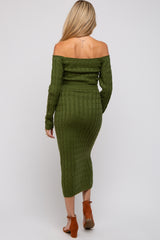 Olive Cable Knit Off Shoulder Maternity Midi Skirt Set