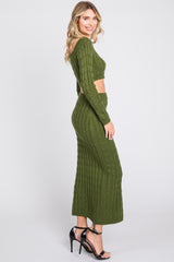 Olive Cable Knit Off Shoulder Midi Skirt Set