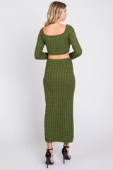 Olive Cable Knit Off Shoulder Midi Skirt Set