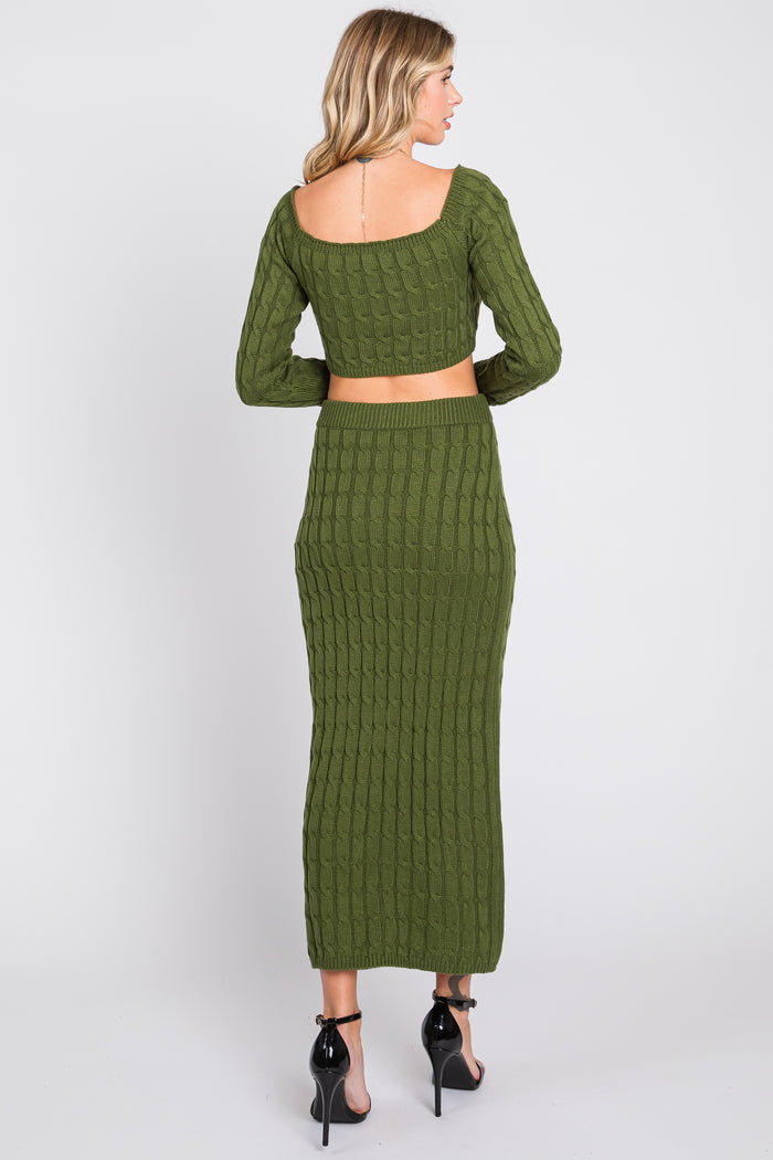 Olive Cable Knit Off Shoulder Midi Skirt Set