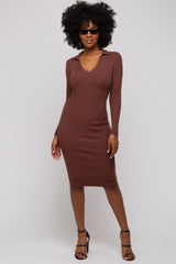 Brown Ribbed Knit Fitted Dress