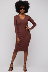 Brown Ribbed Knit Fitted Dress