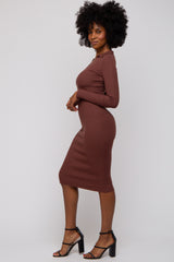 Brown Ribbed Knit Fitted Dress