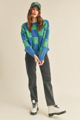 Blue Green Textured Checkered Sweater Pullover