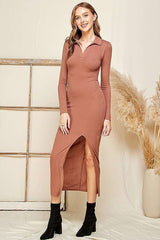 Mocha Notch Neck Collar Rib Maxi Dress