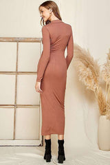 Mocha Notch Neck Collar Rib Maxi Dress