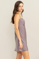 Gray Lavender Satin Tie-Back Mini Dress