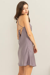 Gray Lavender Satin Tie-Back Mini Dress