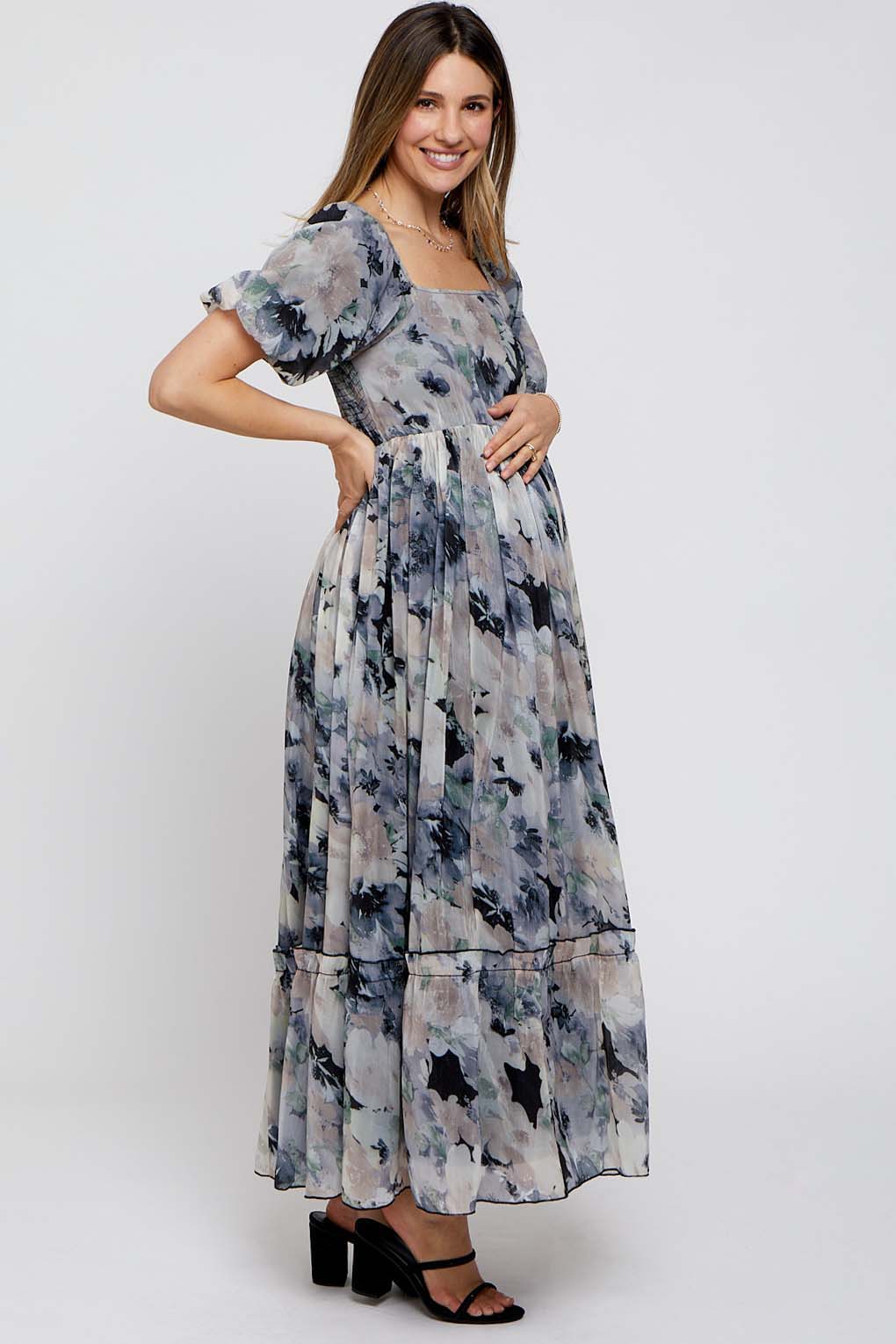 Black Floral Puff Sleeve Maternity Maxi Dress