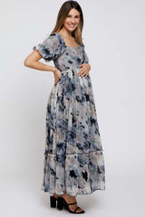 Black Floral Puff Sleeve Maternity Maxi Dress