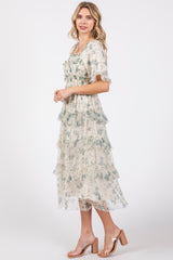 Cream Floral Tulle Smocked Ruffle Tiered Midi Dress