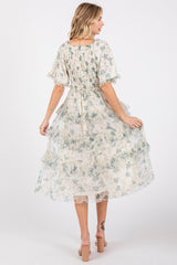 Cream Floral Tulle Smocked Ruffle Tiered Midi Dress