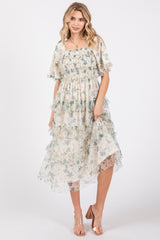 Cream Floral Tulle Smocked Ruffle Tiered Midi Dress