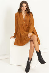 Camel Tiered Corduroy Mini Dress