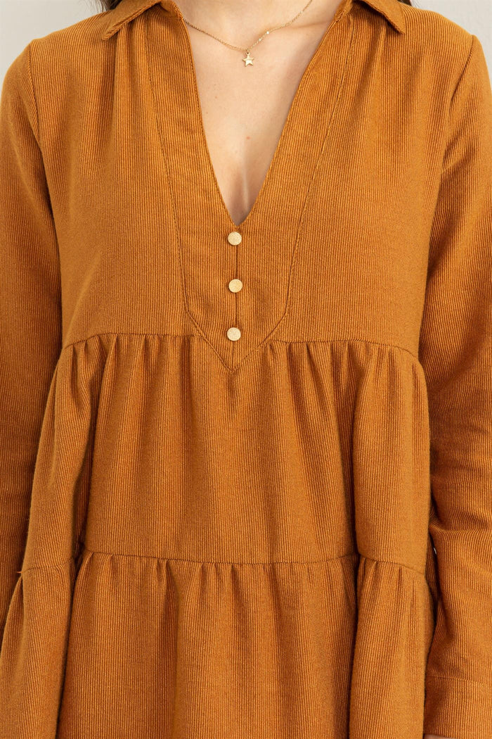 Camel Tiered Corduroy Mini Dress