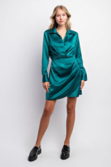 Hunter Green Ruched Wrap Mini Satin Mini Dress