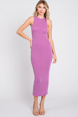 Magenta Ribbed Maternity Fitted Midi Dress